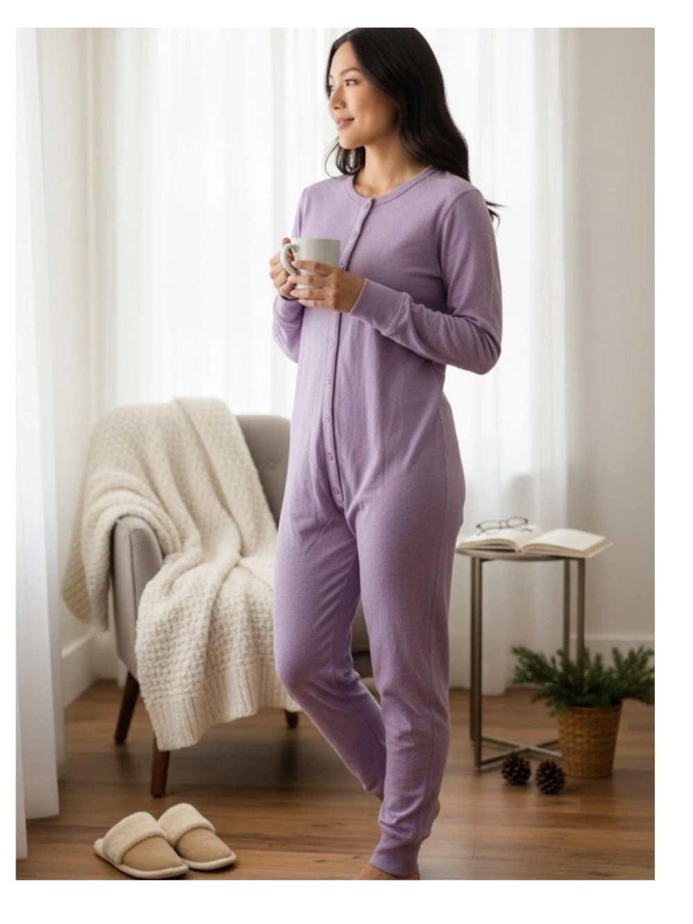 L.L. Bean Lavender Purple Button-Front Wool Blend Onesie Union Suit Pajamas